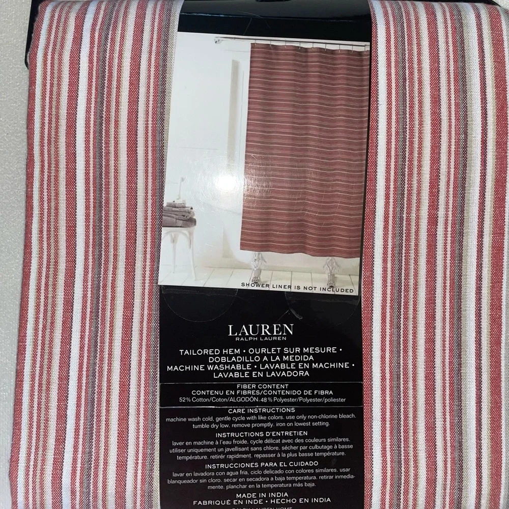 🎉HP🎉New! Lauren Ralph Lauren RedMulti Striped Shower Curtain70”x72”+2 WashCloths